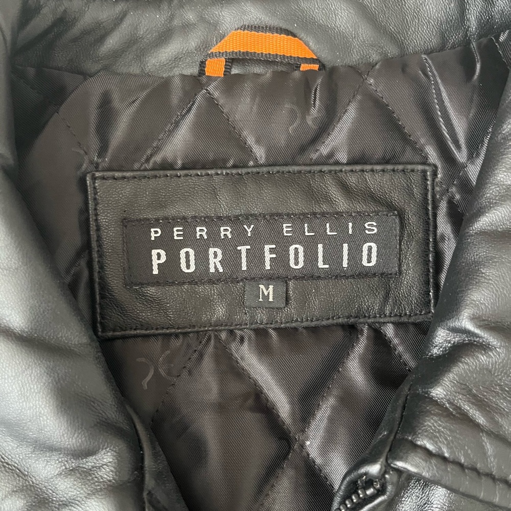 Perry Ellis Portfolio Lambskin Leather Black Jacket—Quilted Interior